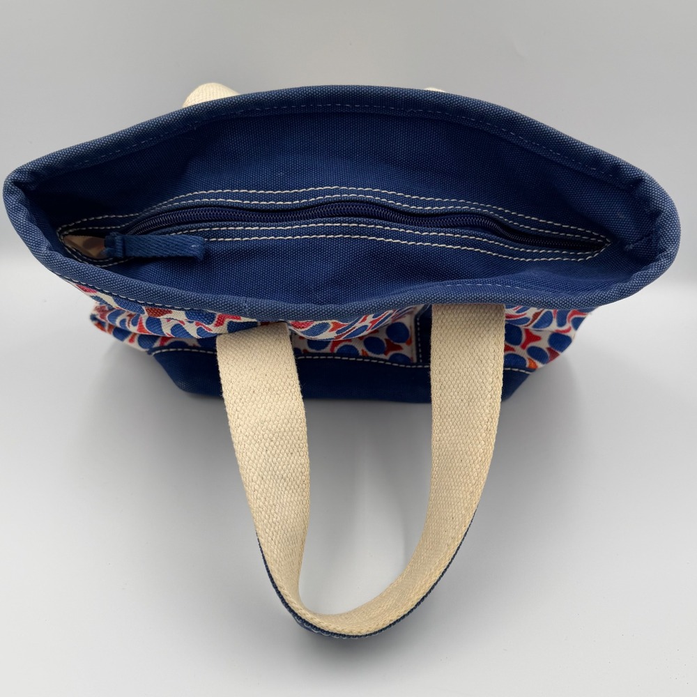 Lands End Canvas Tote Bag Small Zip Top Blue Red Geometric Polka Dot Preppy - Picture 4 of 8
